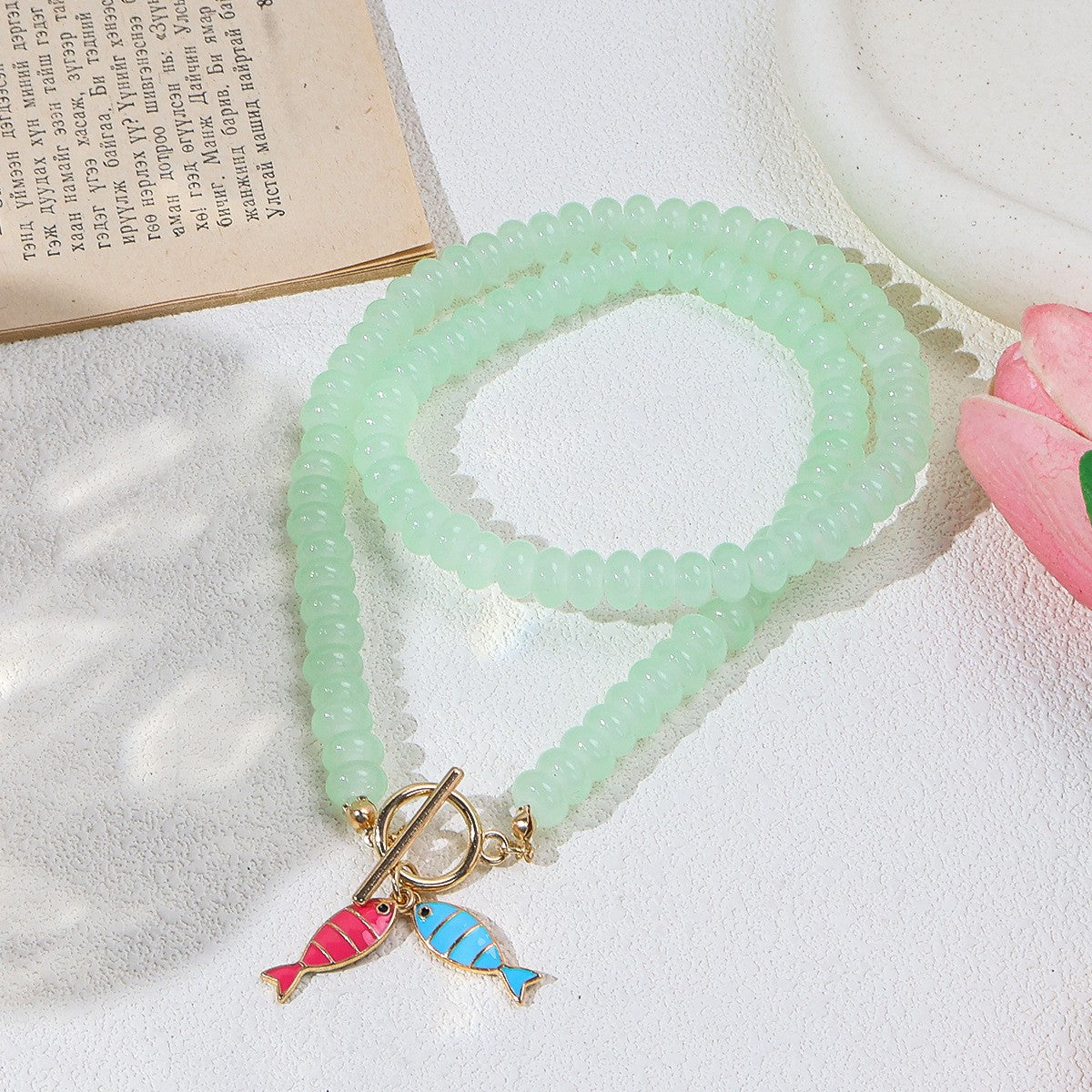 Dainty Mint Glass Bead Fish Necklace