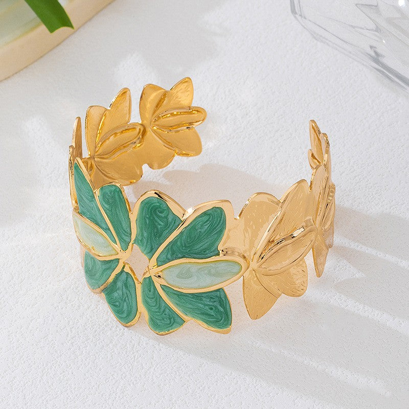 Boho Marbled Enamel Flower Cuff Bracelet