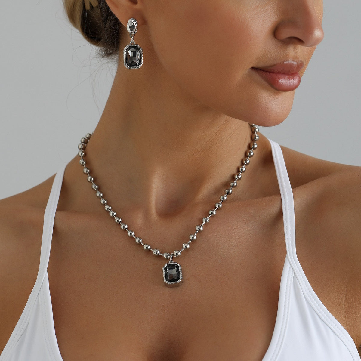 Classy Dark Square Crystal Necklace, Bracelet & Earring Set