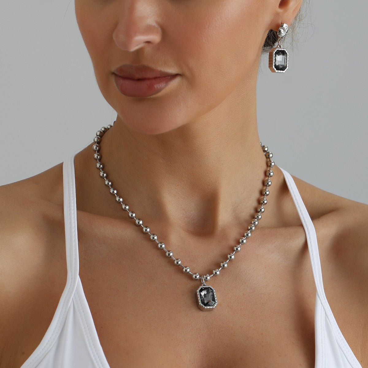 Classy Dark Square Crystal Necklace, Bracelet & Earring Set