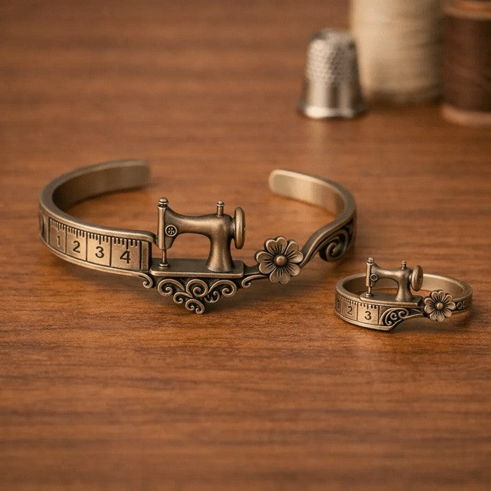 Vintage Sewing Machine Cuff Bracelet & Ring Set