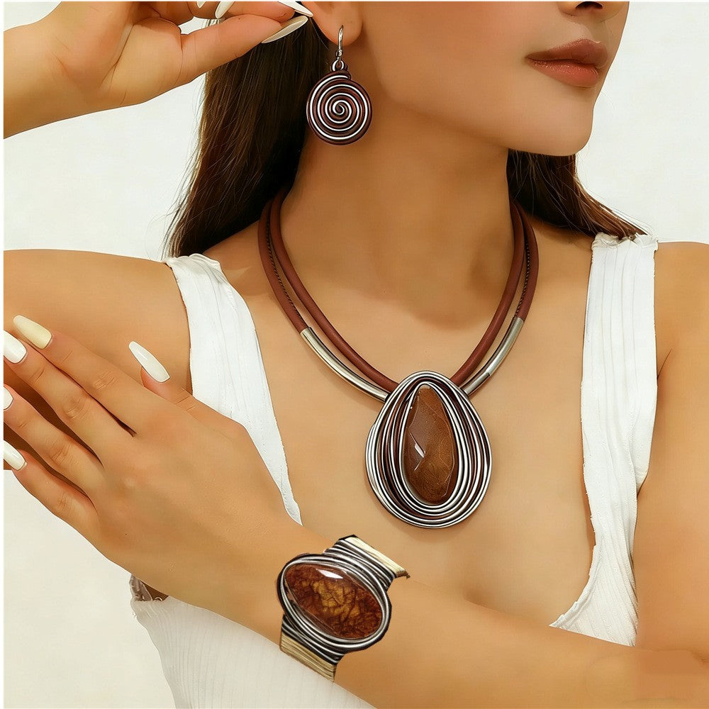 Classy Black Spiral Teardrop Necklace, Bracelet & Earring Set