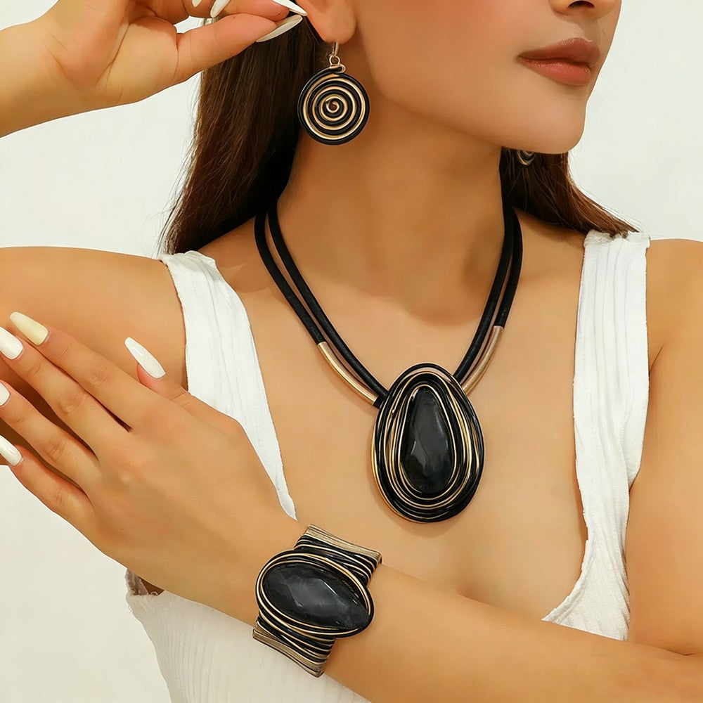Classy Black Spiral Teardrop Necklace, Bracelet & Earring Set