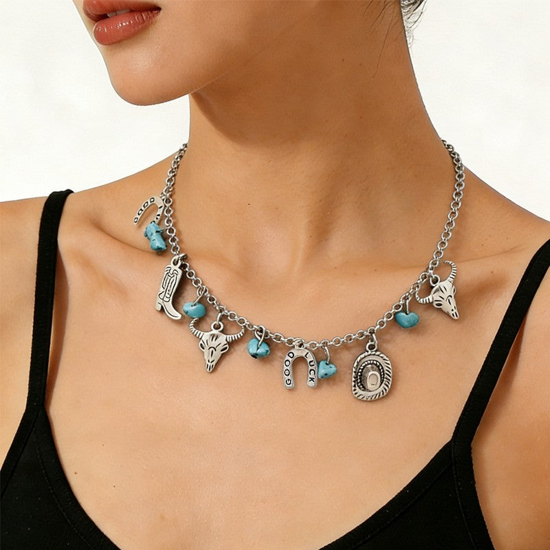 Boho Western Bull Skull Charm Necklace