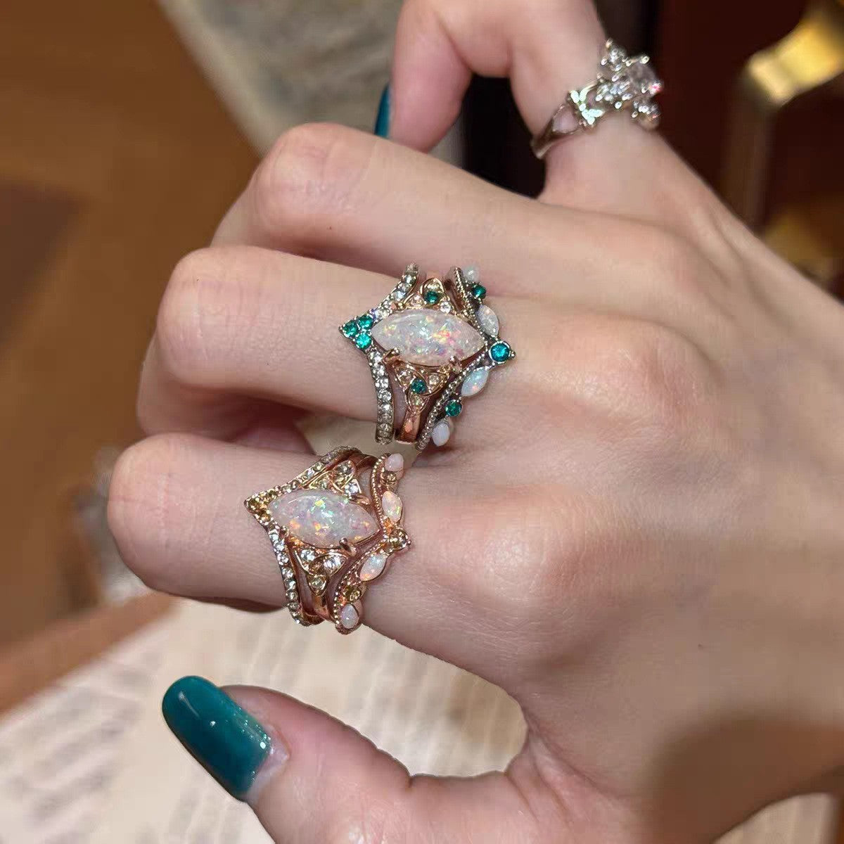 Classy Marquise Opal Rhombus Ring Set