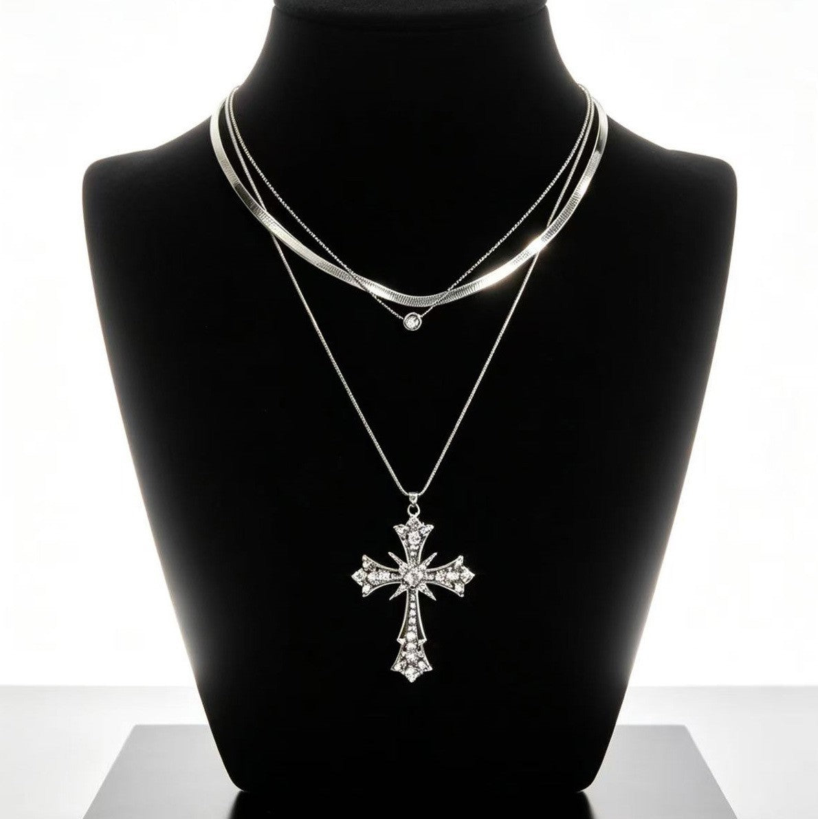 Classy Layered Rhinestone Cross Necklace