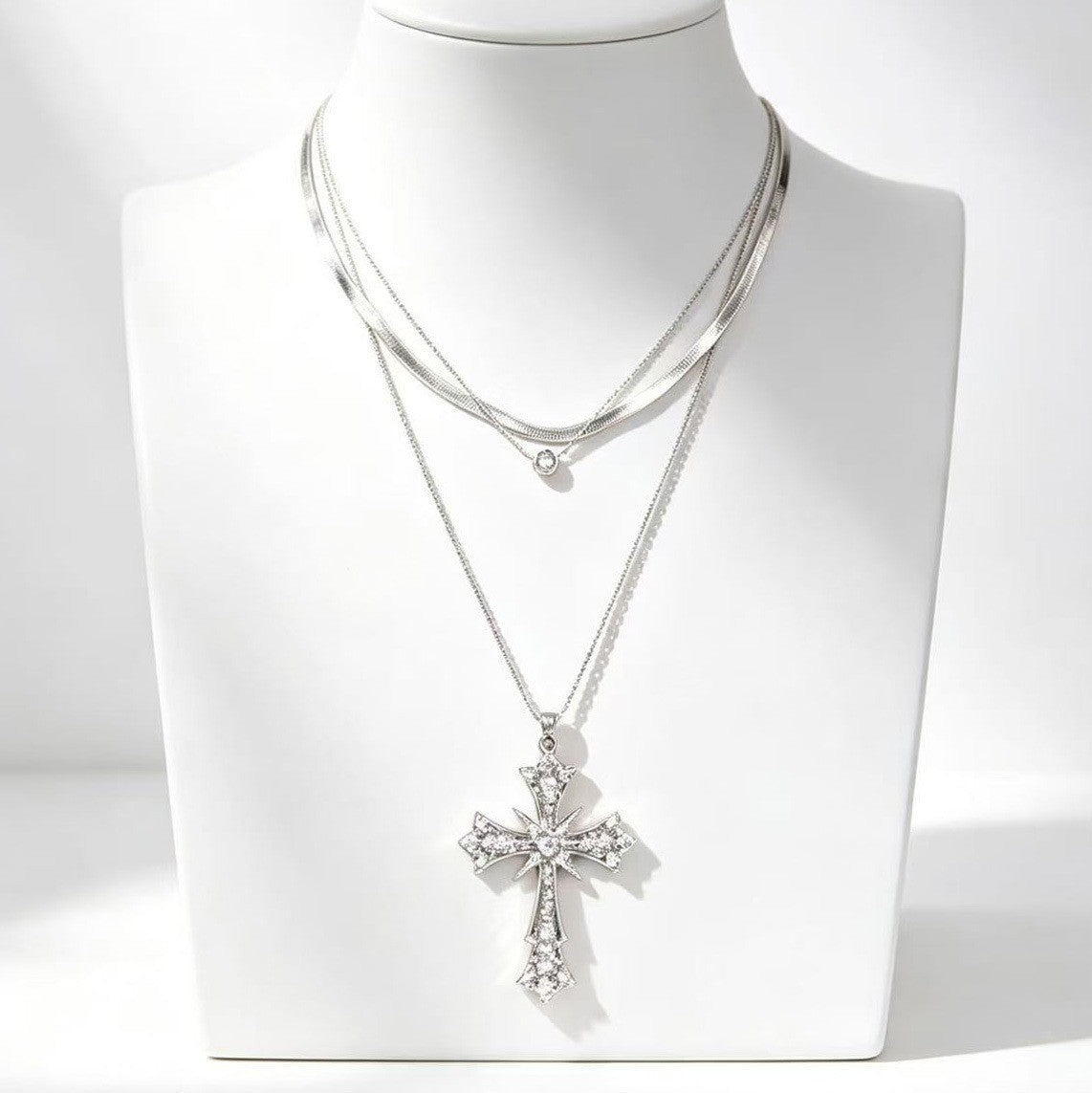 Classy Layered Rhinestone Cross Necklace