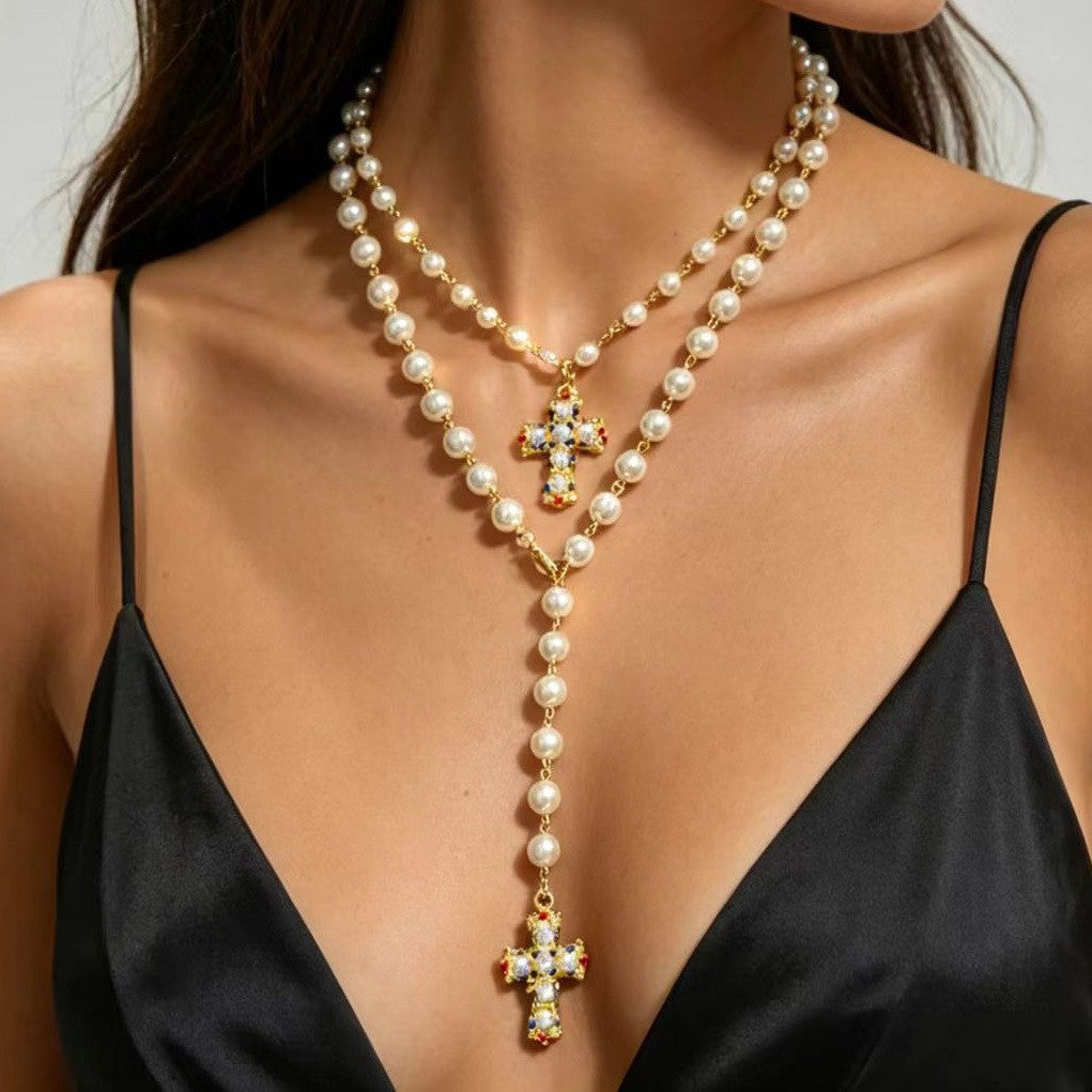 Elegant Faux Pearl & Gem Cross Y-Necklace