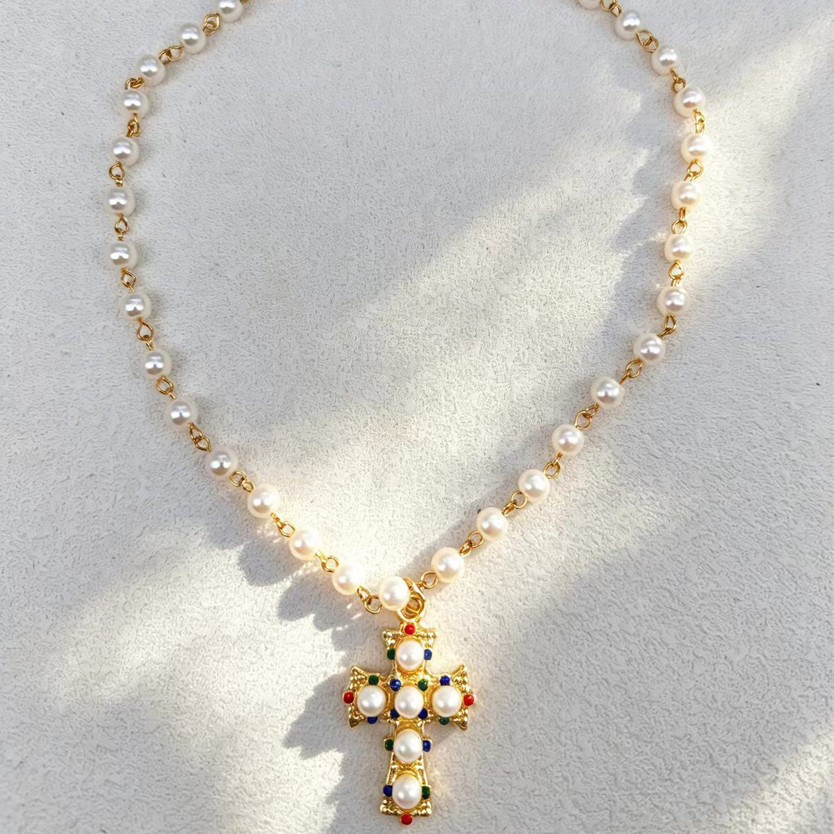 Elegant Faux Pearl & Gem Cross Y-Necklace