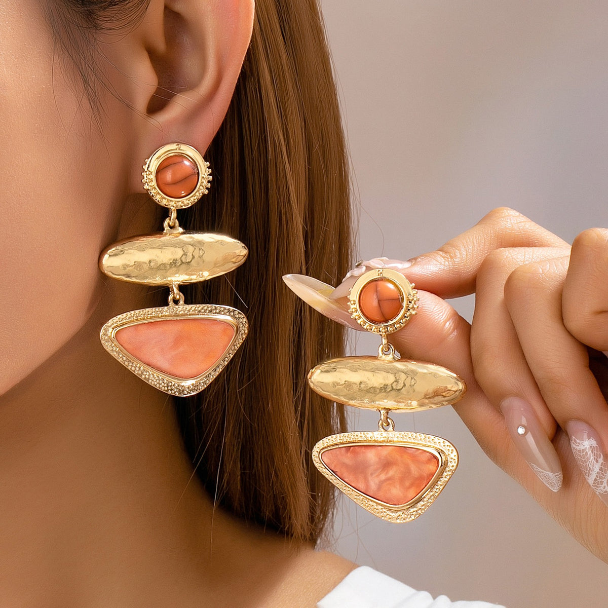 Classy Hammered Geometric Tiered Drop Earrings