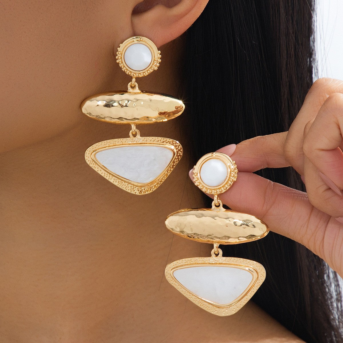 Classy Hammered Geometric Tiered Drop Earrings