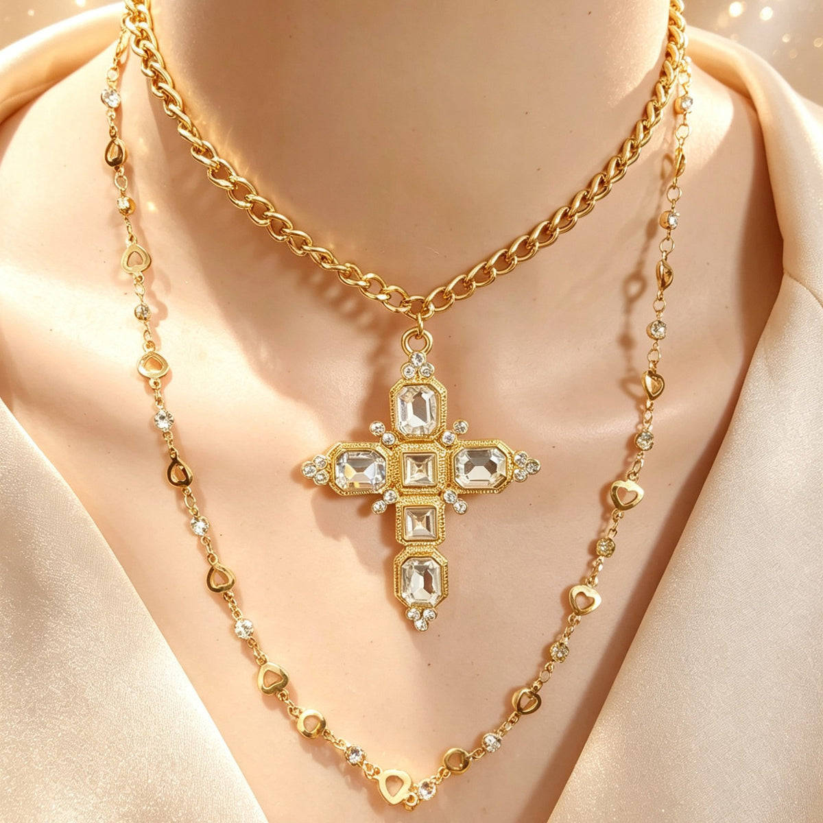 Classy Layered Geometric Cross Necklace