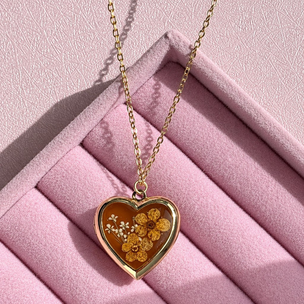 Romantic Dried Flower Heart Locket Necklace