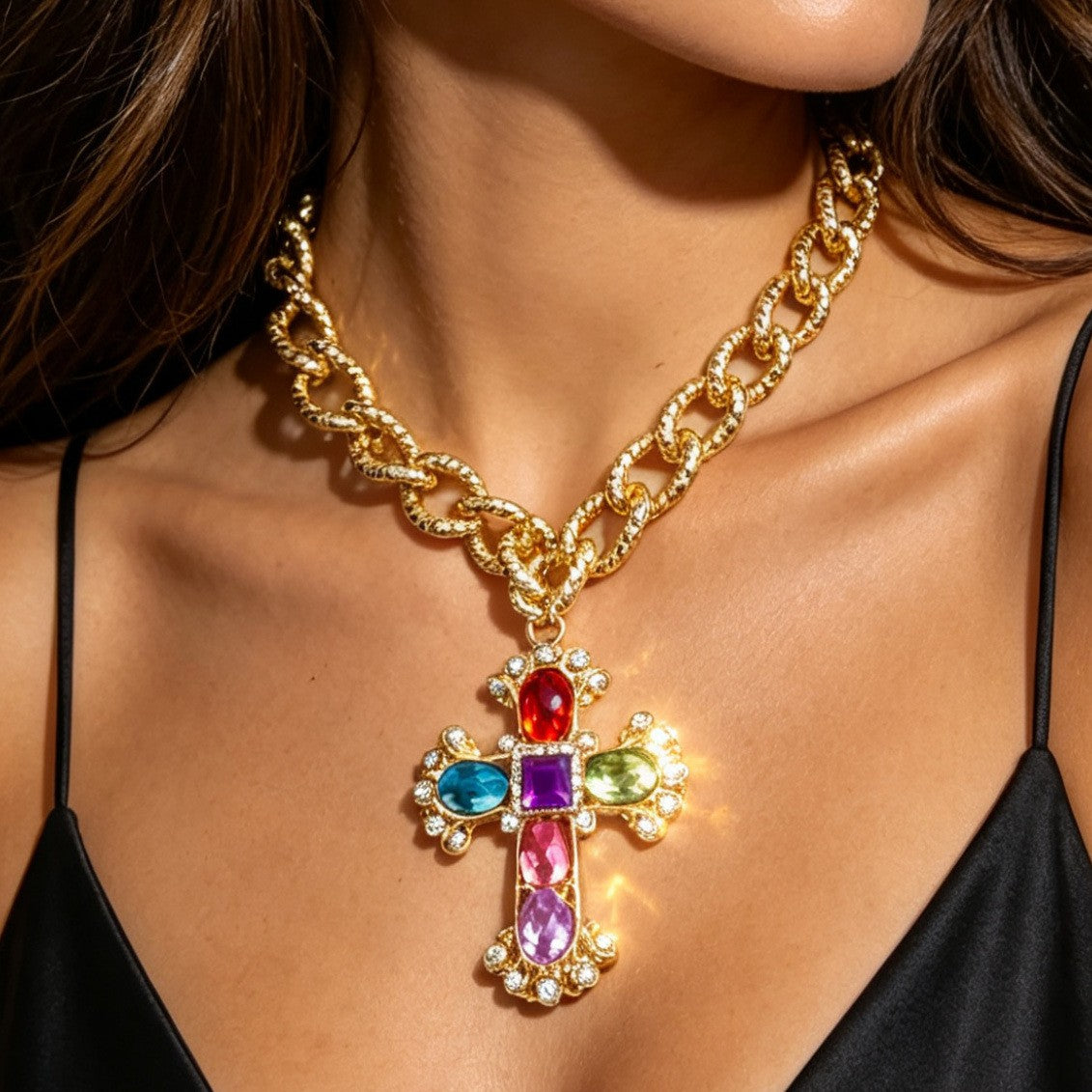 Statement Colorful Gemstone Cross Necklace
