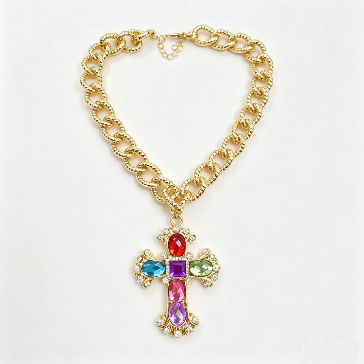 Statement Colorful Gemstone Cross Necklace