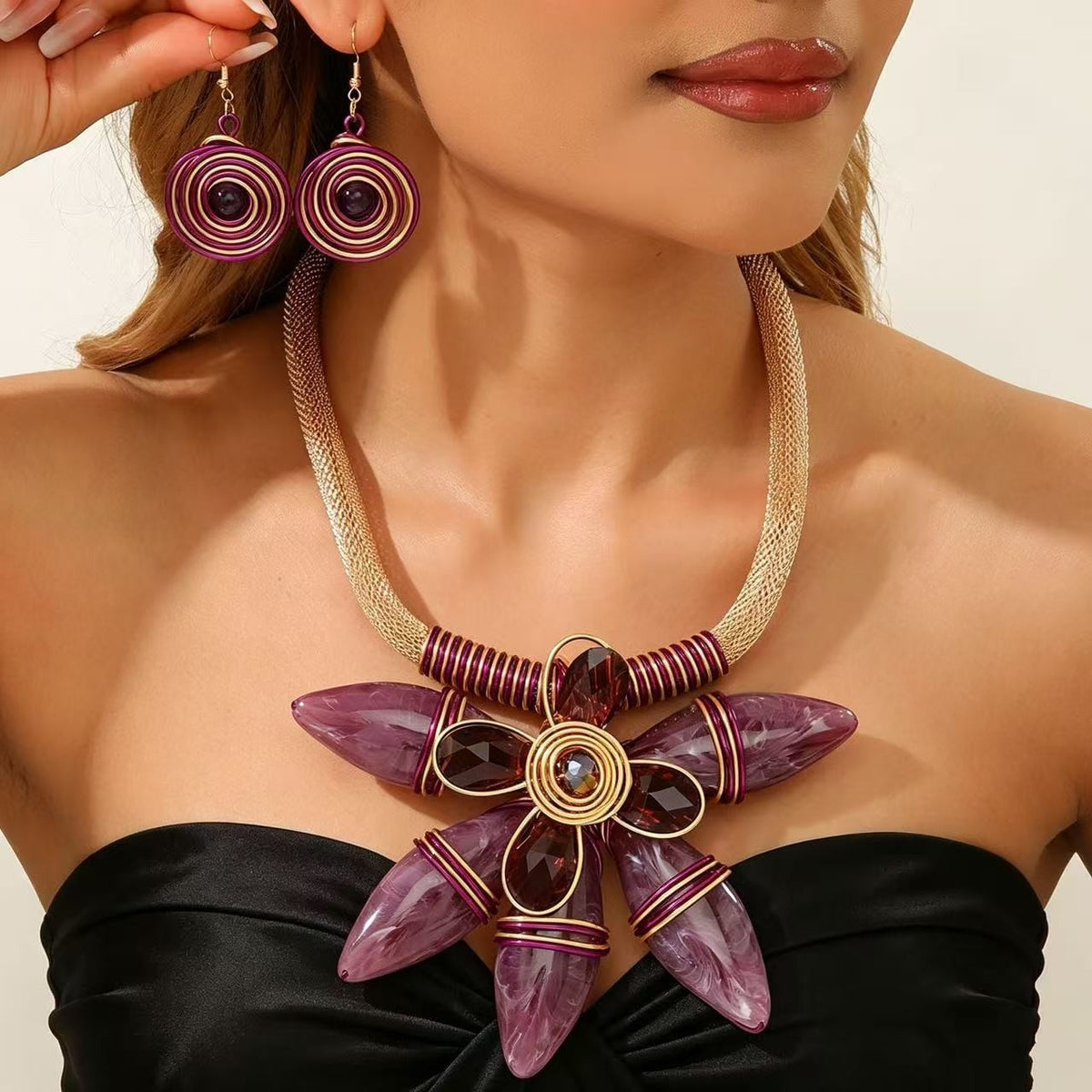 Boho Purple Floral Statement Necklace & Earring Set