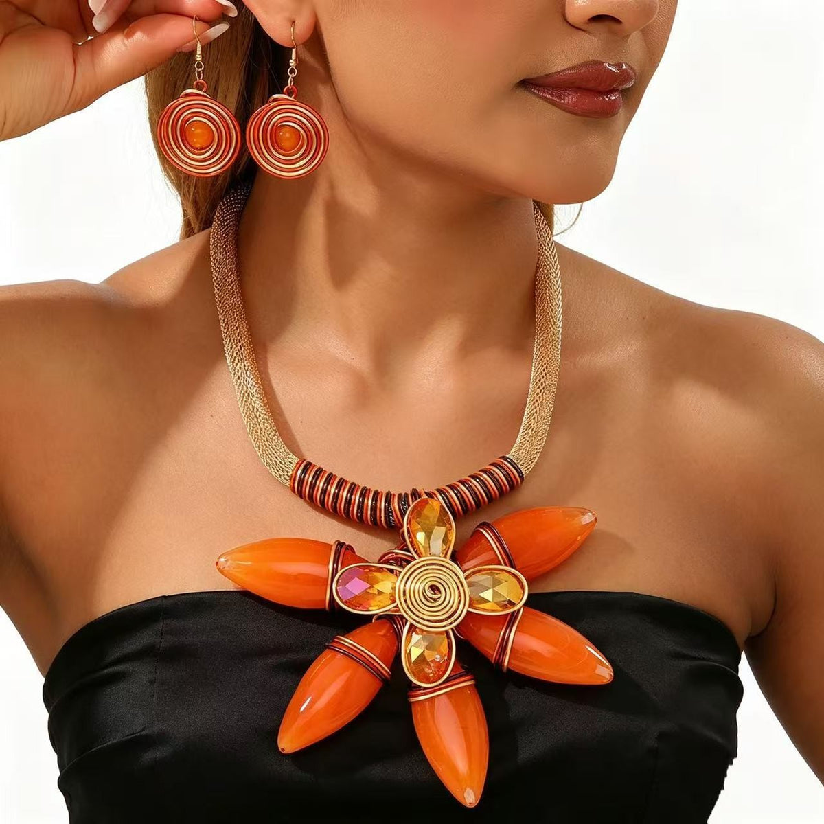 Boho Purple Floral Statement Necklace & Earring Set