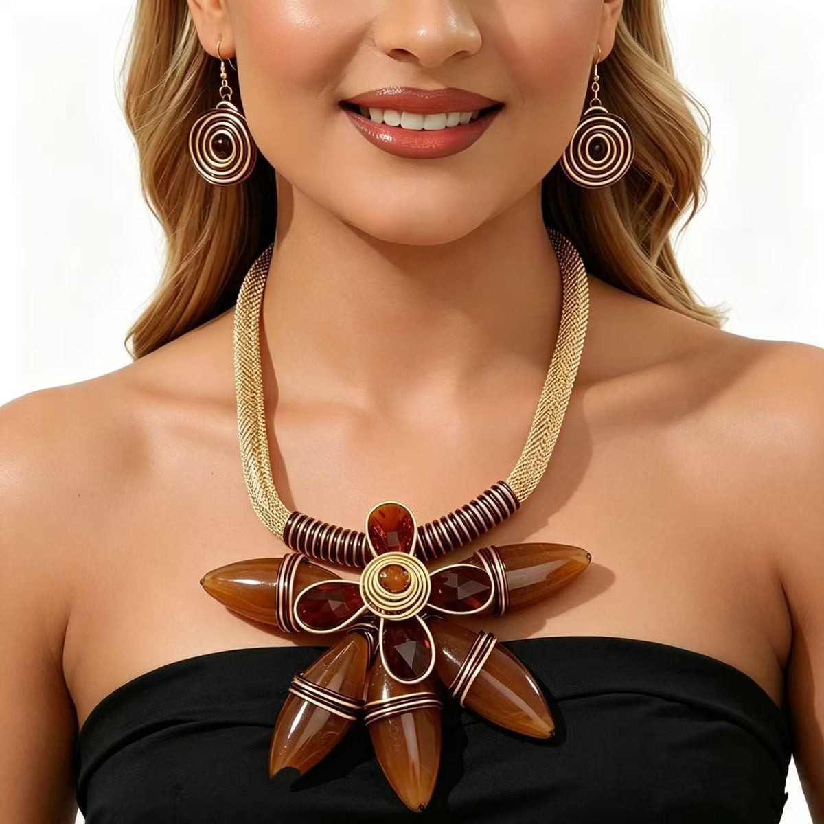 Boho Purple Floral Statement Necklace & Earring Set