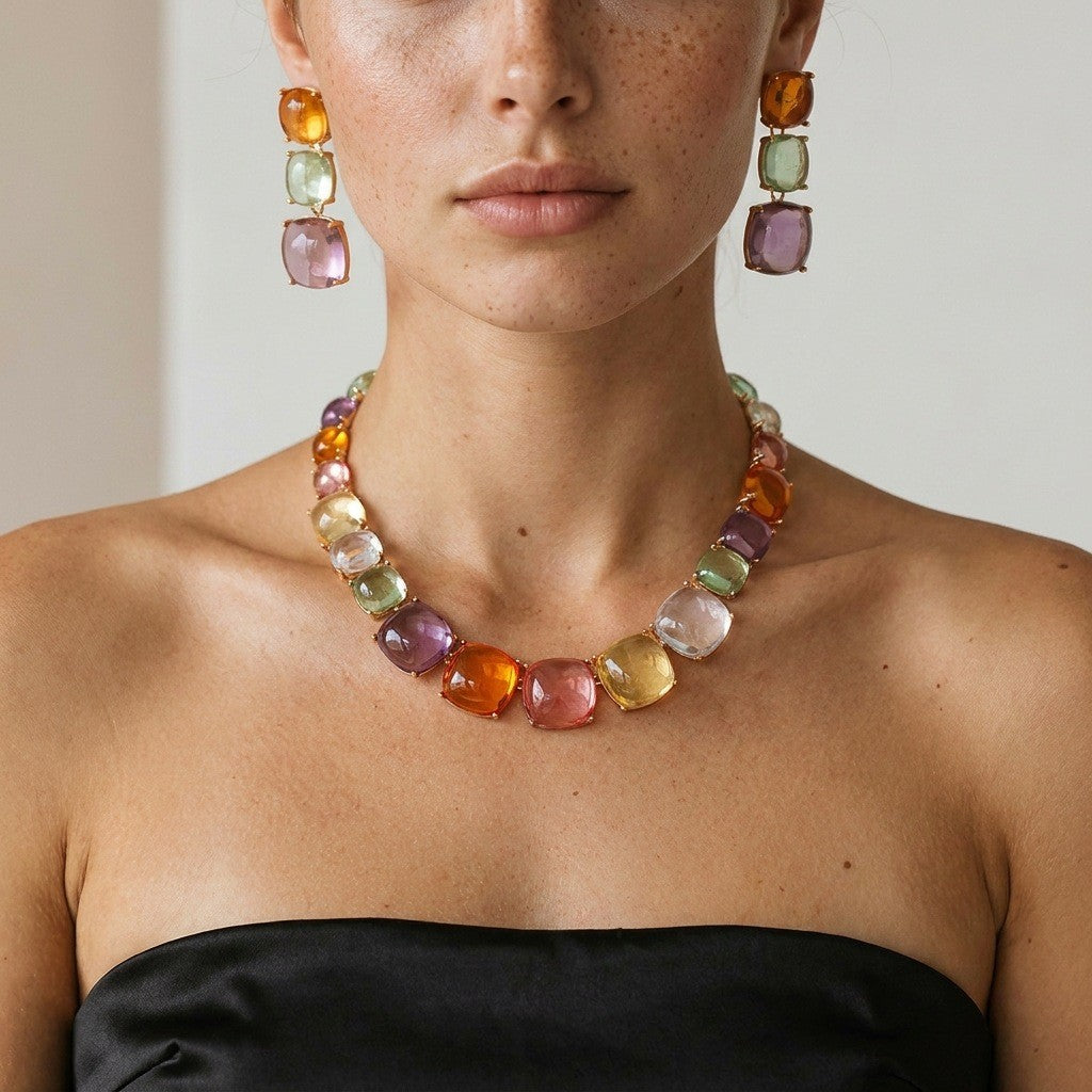 Classy Multicolor Square Gemstone Necklace & Earring Set