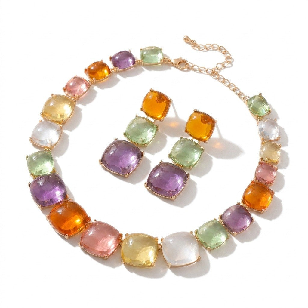 Classy Multicolor Square Gemstone Necklace & Earring Set