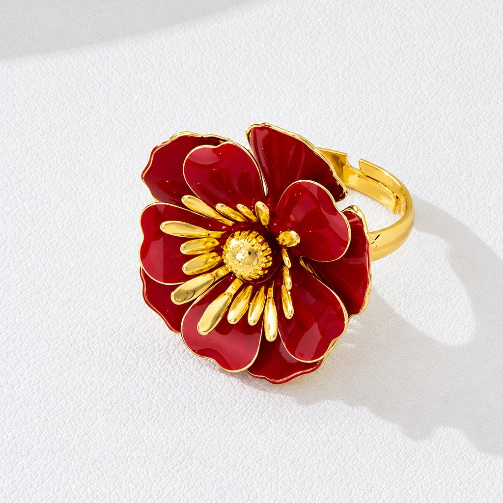 Romantic Enamel Camellia Flower Ring