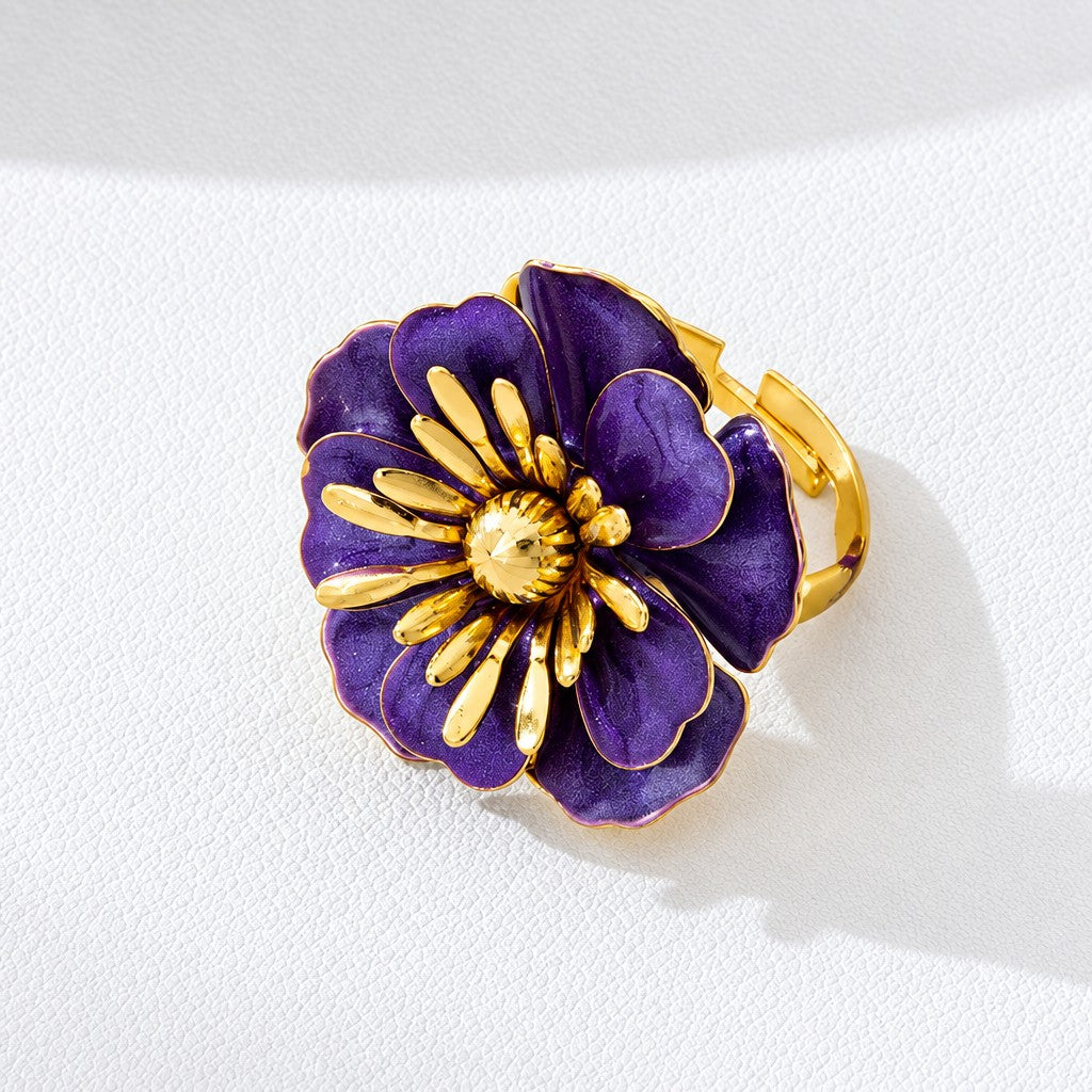 Romantic Enamel Camellia Flower Ring