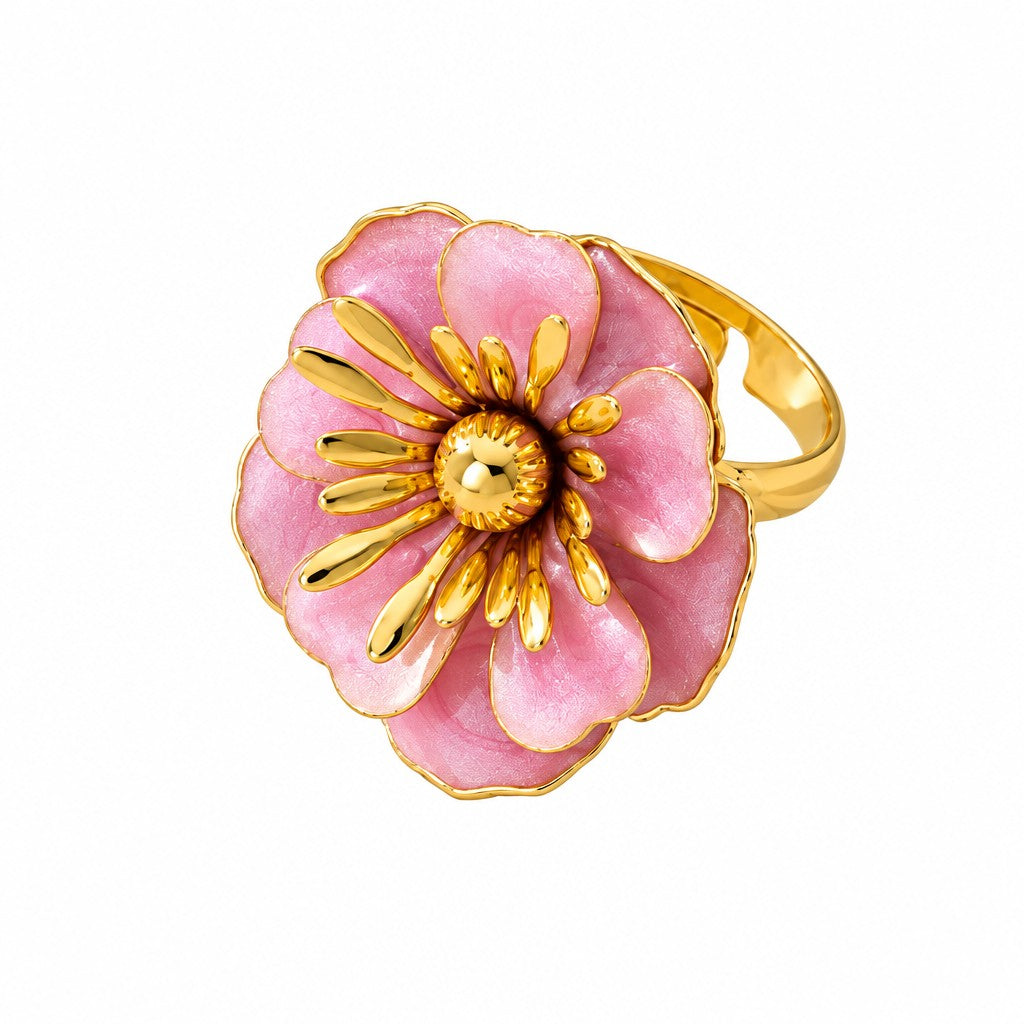 Romantic Enamel Camellia Flower Ring