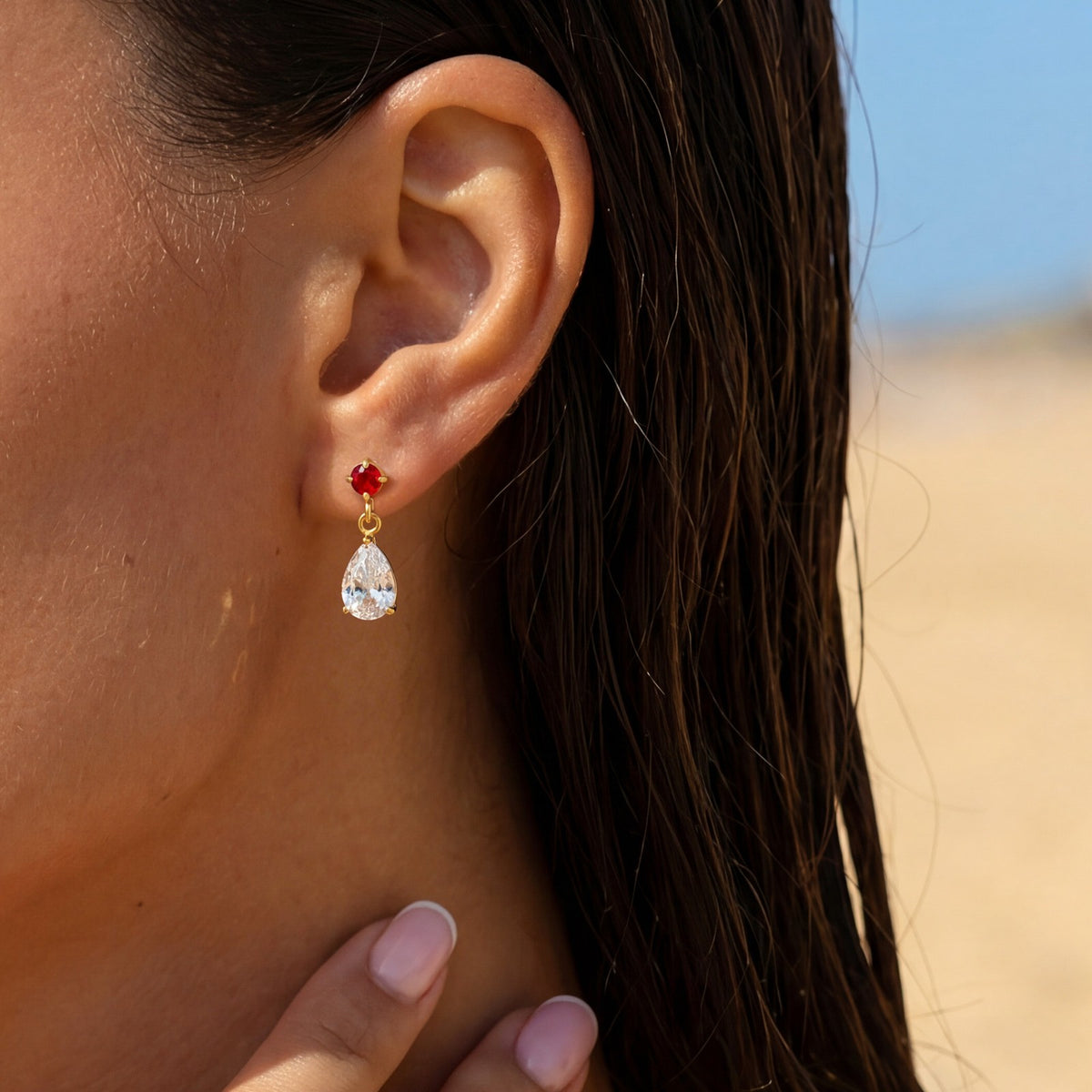 18k Dainty Ruby Teardrop Drop Earrings