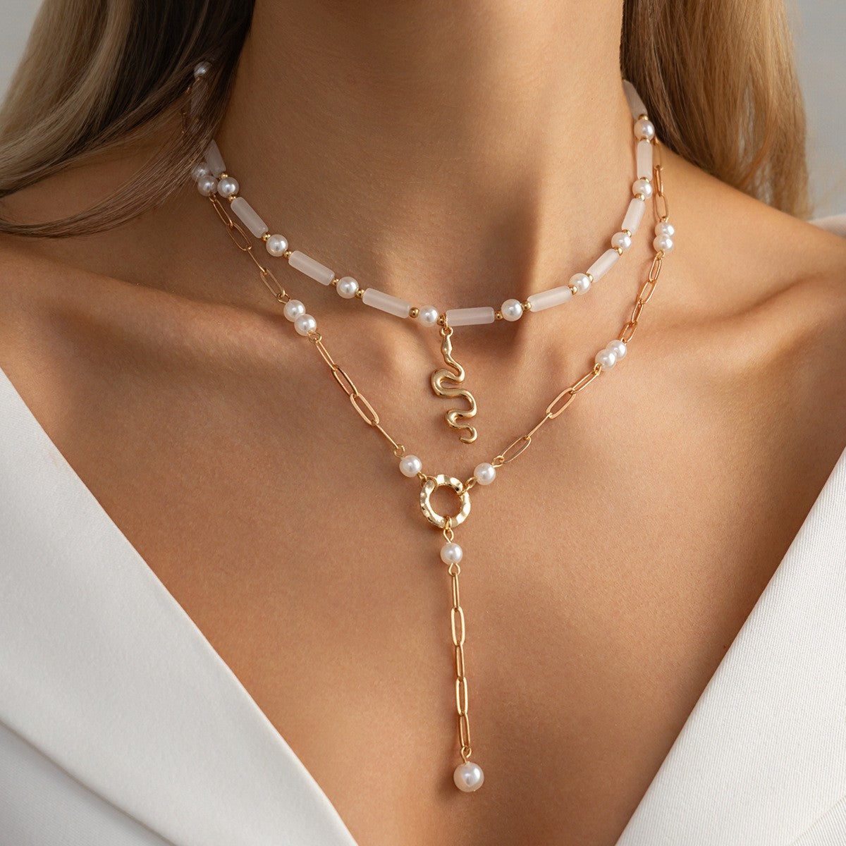 Classy Layered Pearl & Snake Lariat Necklace