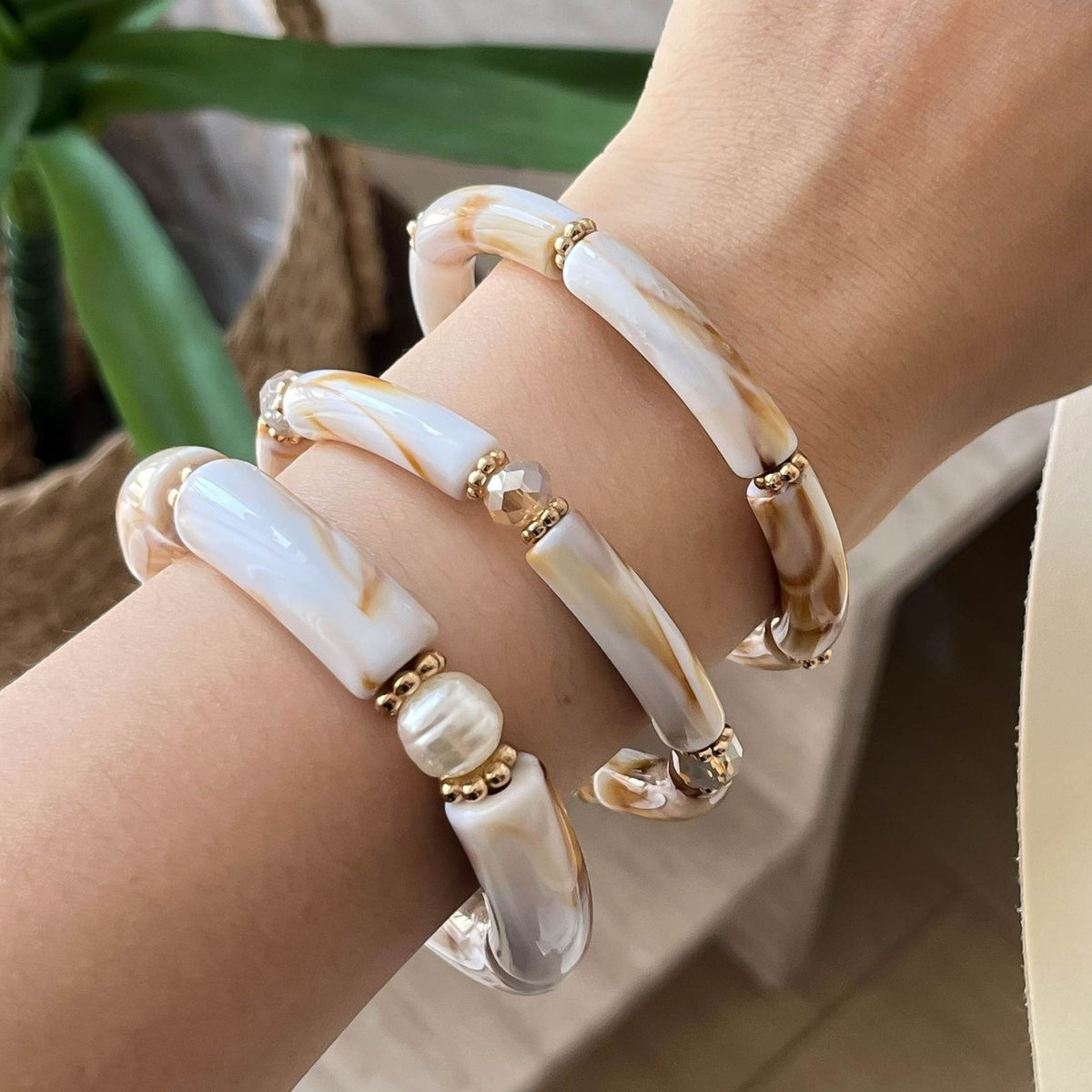 3pc Boho Amber Tube Bracelet Set