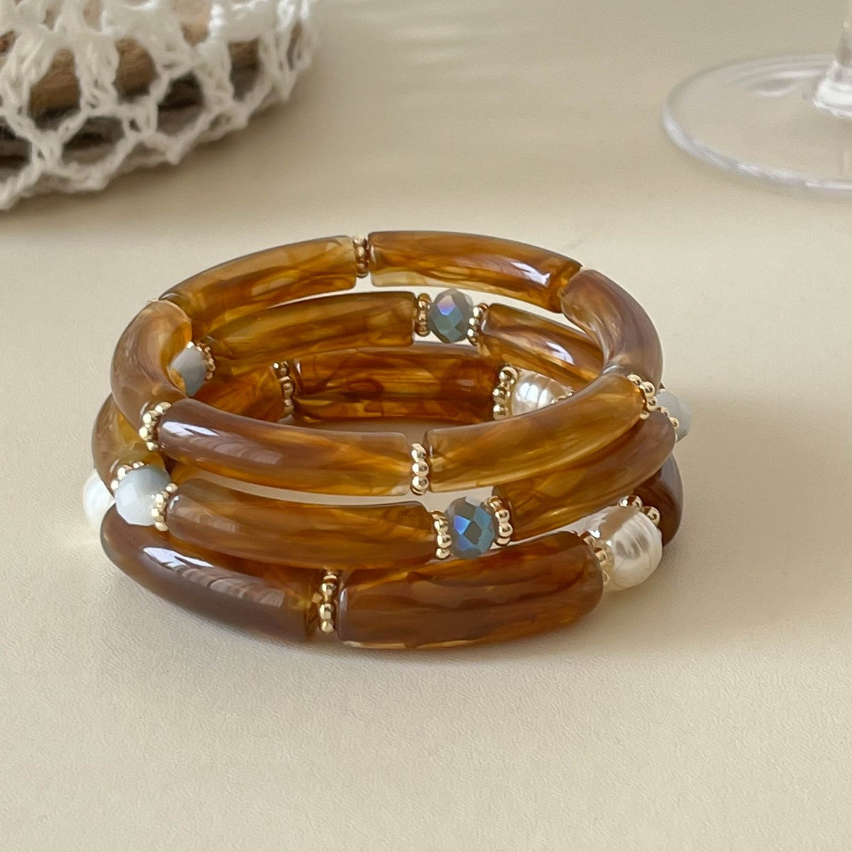 3pc Boho Amber Tube Bracelet Set