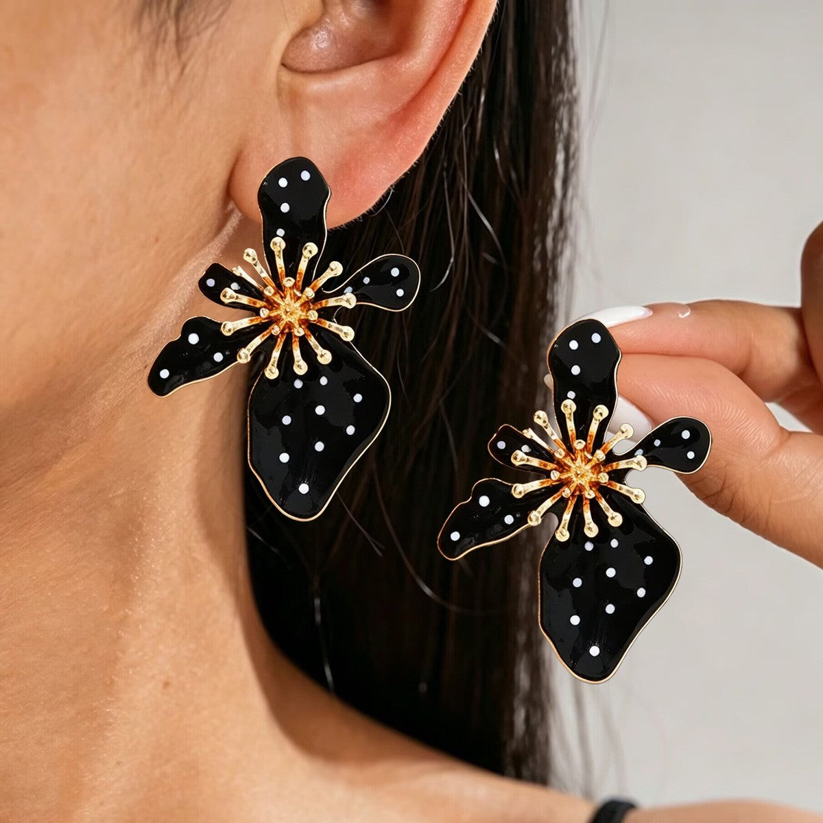 Classy Black Polka Dot Flower Earrings