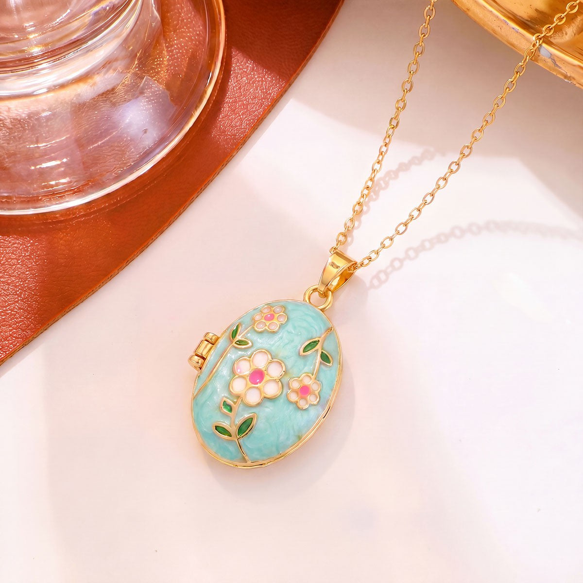 Romantic Enamel Floral Oval Locket Necklace