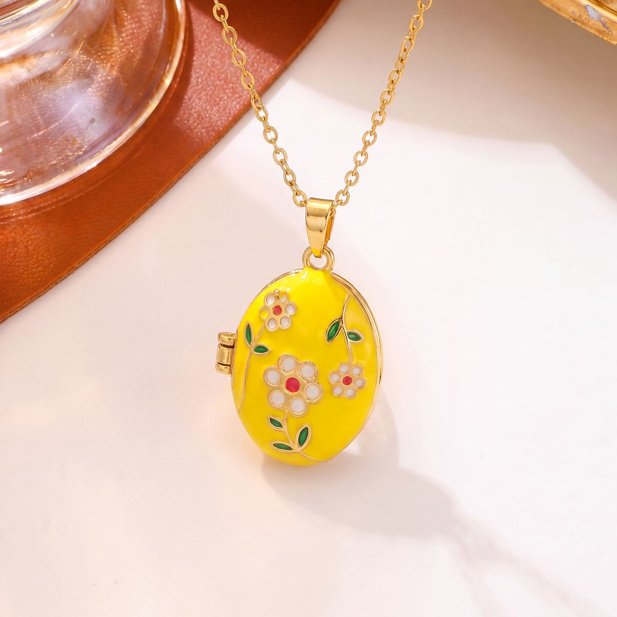 Romantic Enamel Floral Oval Locket Necklace