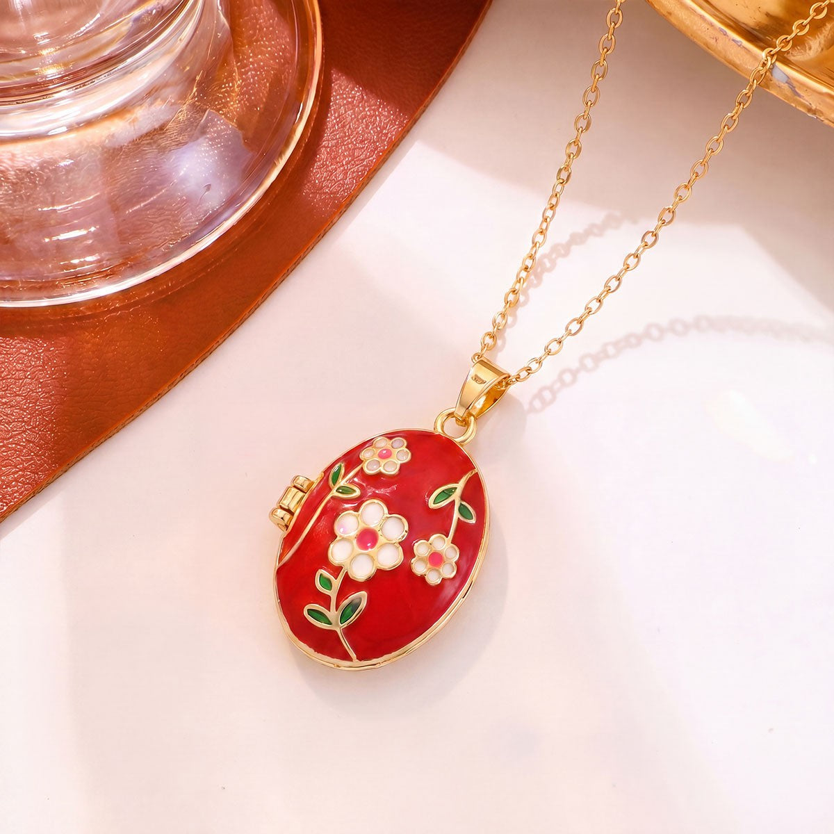 Romantic Enamel Floral Oval Locket Necklace