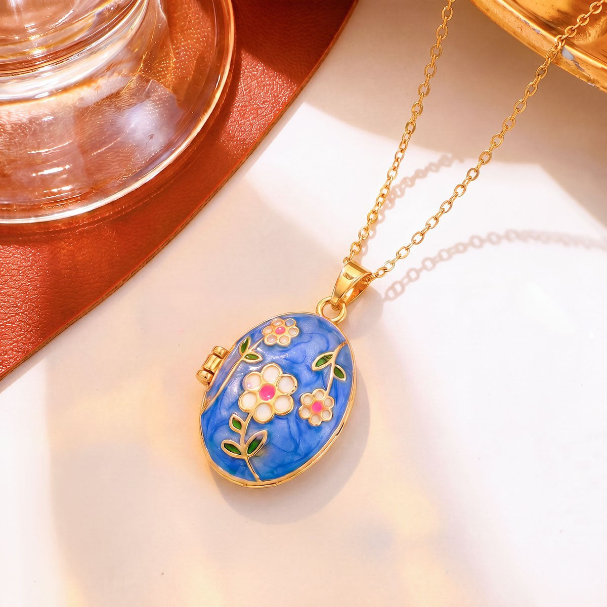 Romantic Enamel Floral Oval Locket Necklace