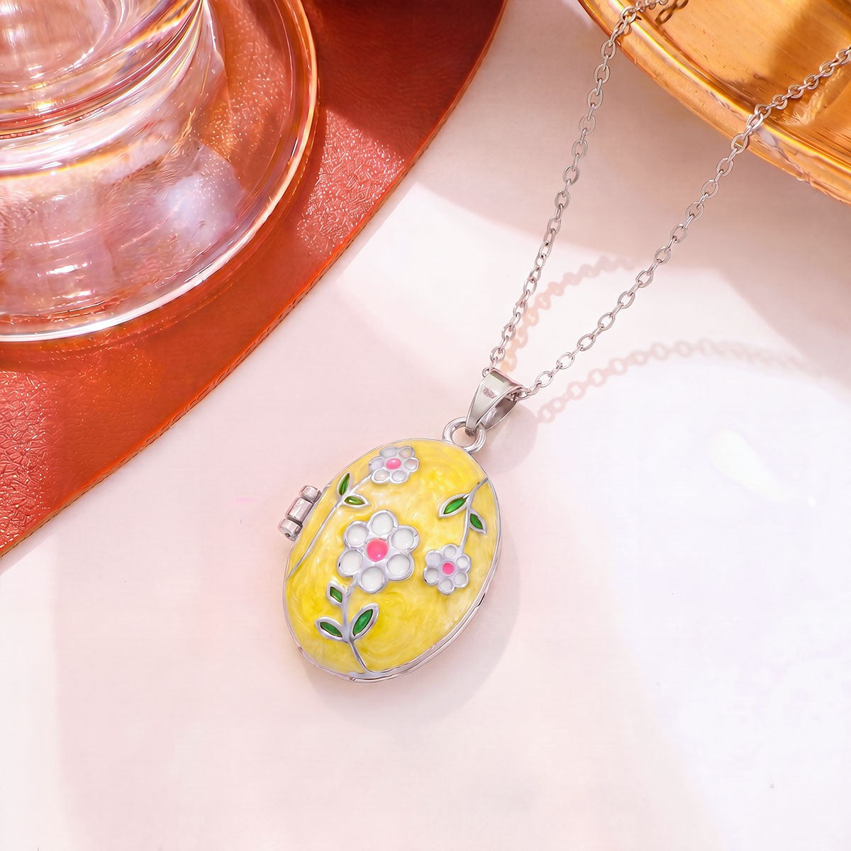 Romantic Enamel Floral Oval Locket Necklace