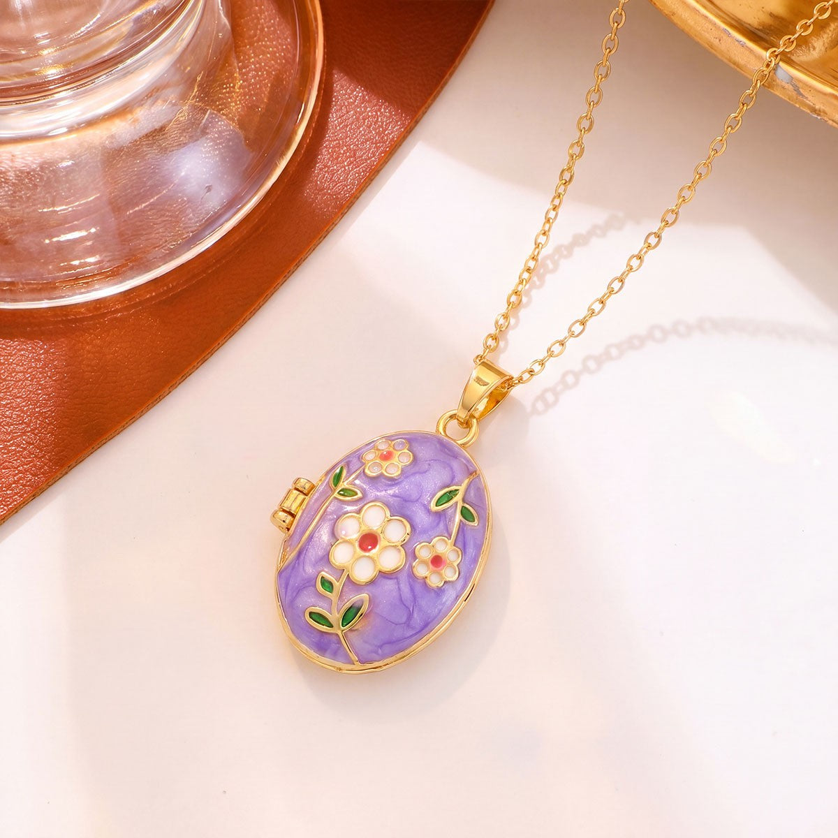 Romantic Enamel Floral Oval Locket Necklace