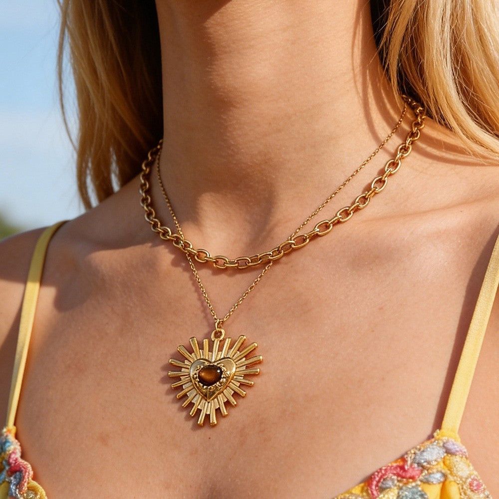 Chic Layered Sunburst Heart Necklace