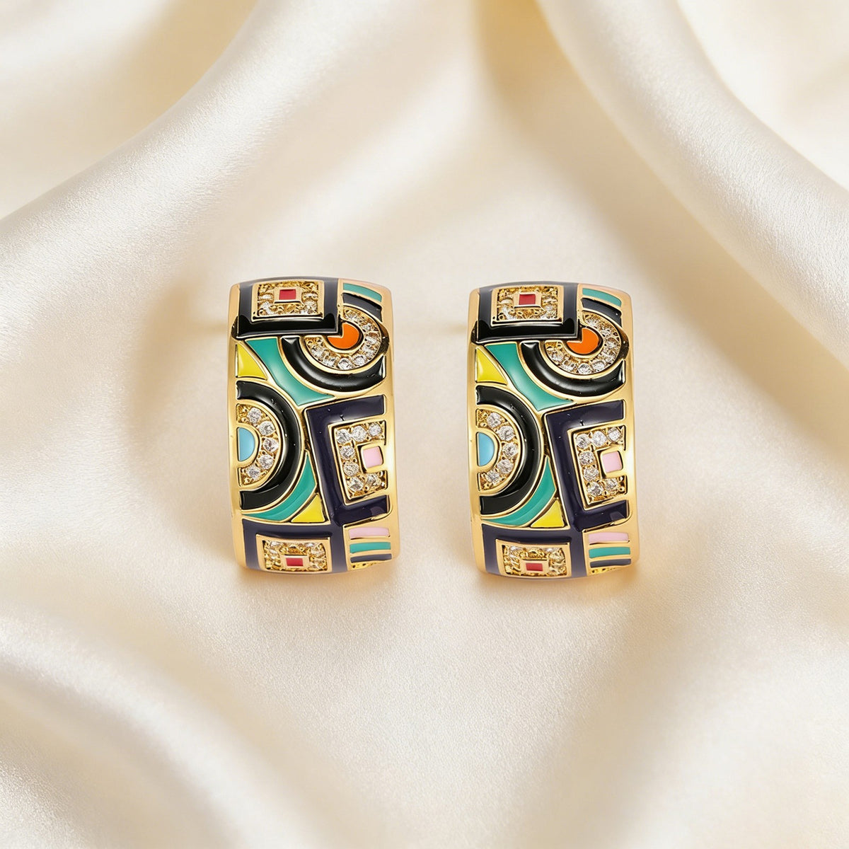Classy French Vintage Enamel Geometric Hoop Earrings