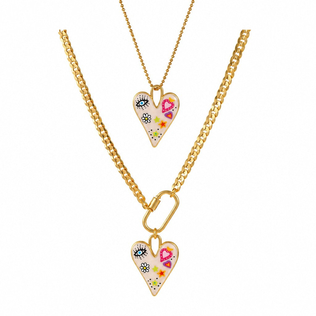 Playful Enamel Heart Carabiner Necklace