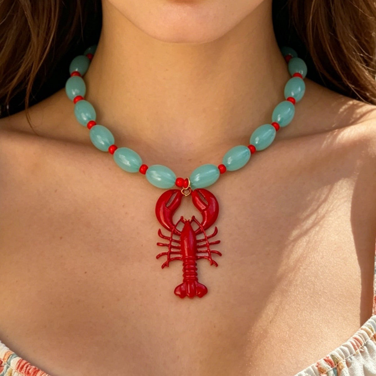 Boho Red Lobster Beaded Necklace