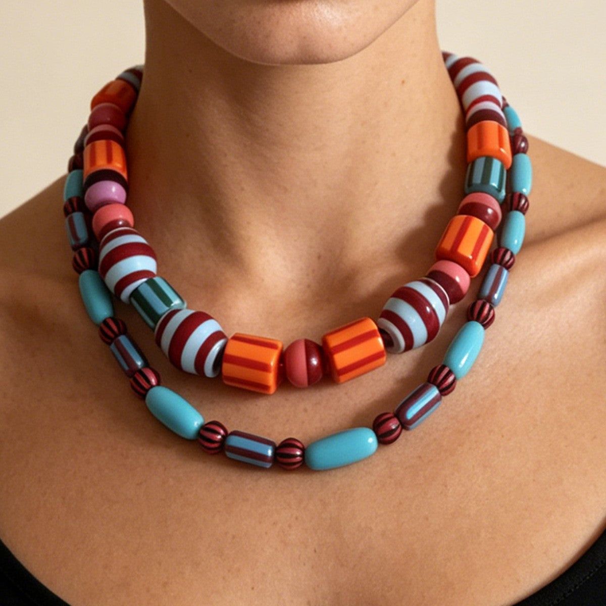 Boho Colorful Striped Acrylic Bead Necklace