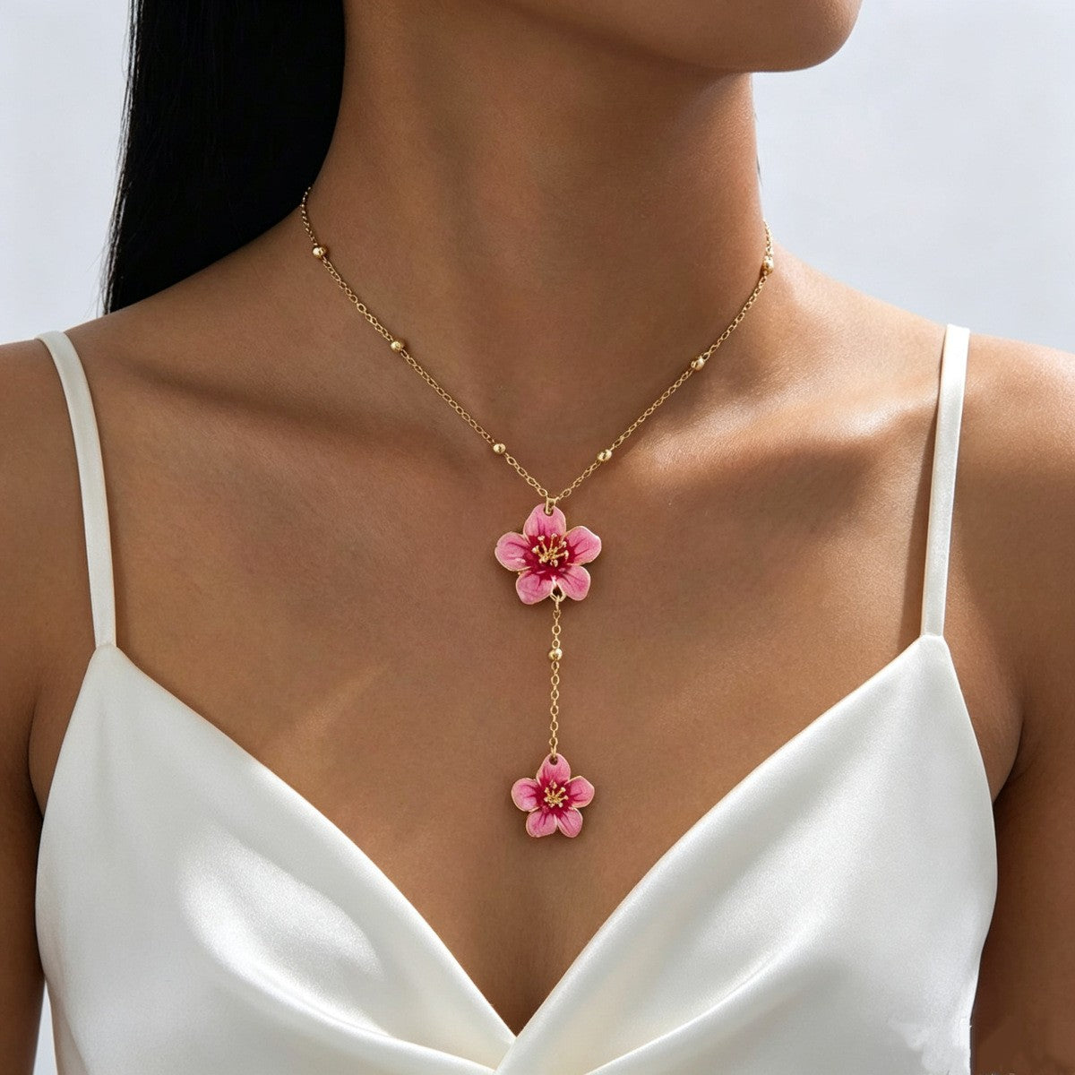 Dainty Pink Floral Y-Necklace