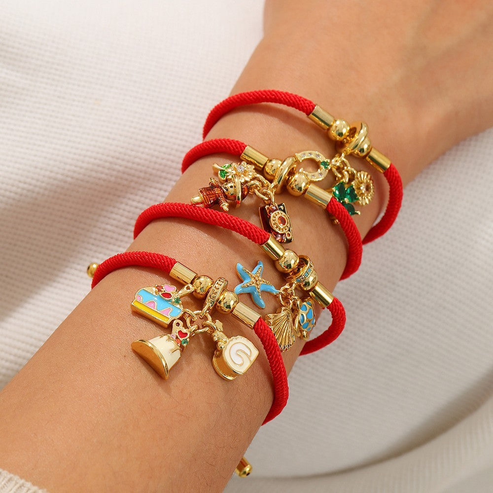 Playful Red Cord Enamel Charm Bracelet Set