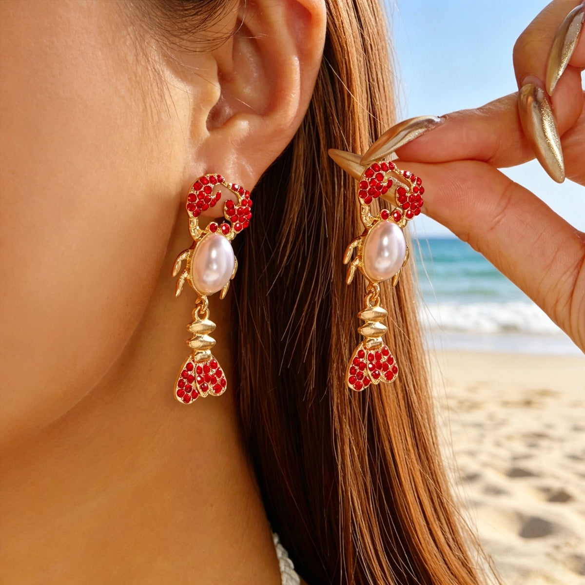 Classy Red Rhinestone Lobster Dangle Earrings
