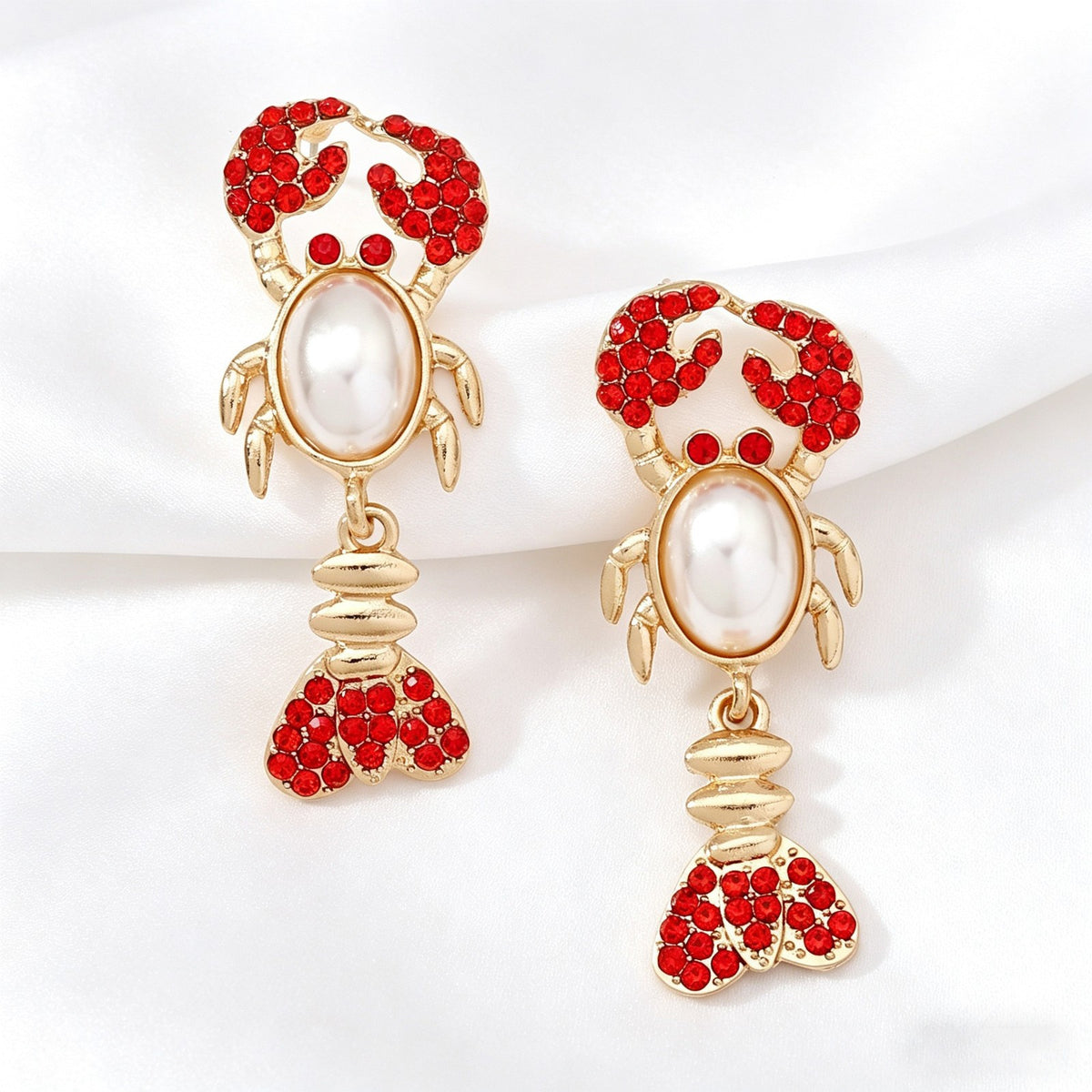 Classy Red Rhinestone Lobster Dangle Earrings