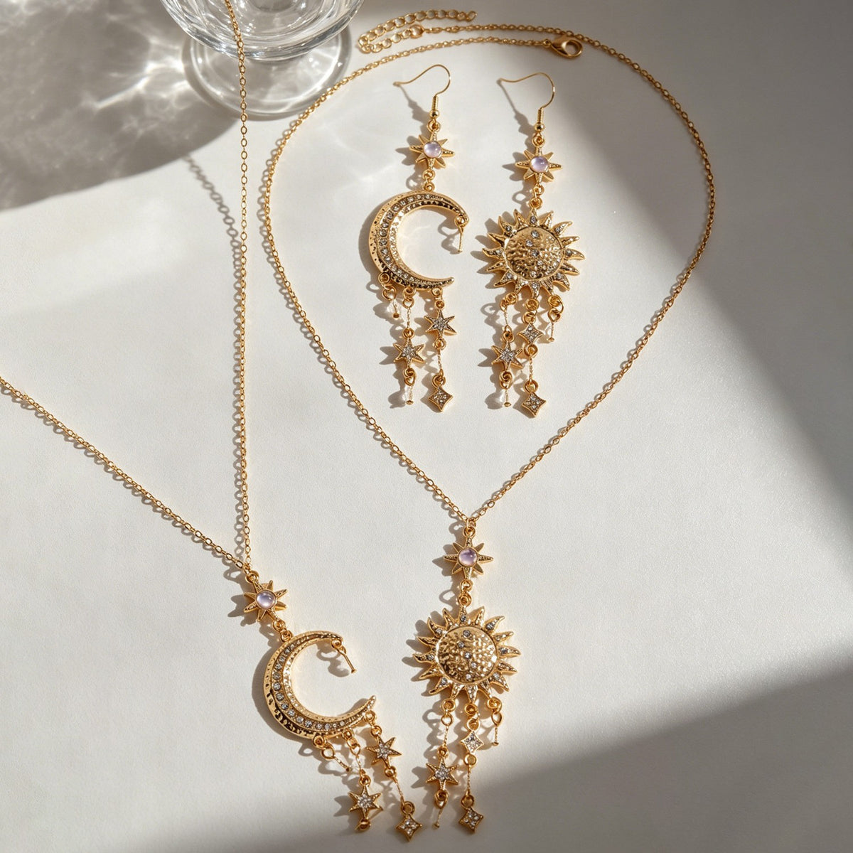 Boho Sun Moon Star Necklace & Earring Set