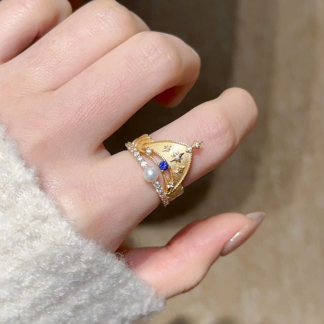 Classy Vintage Crown Pearl Open Ring