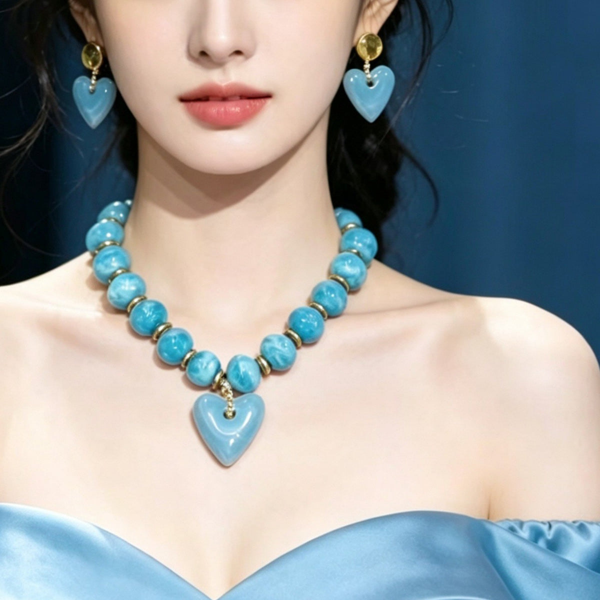 Boho Marbled Blue Heart Necklace and Earring Set